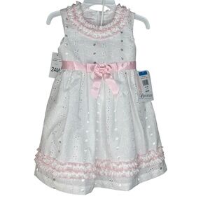 New Bonnie Jean Baby White & Pink Dress w Bow & Bloomers 24mo MSRP $50